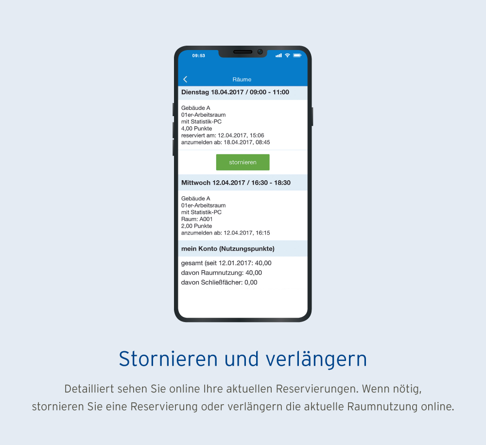 Mobile App Raumvergabesystem - Funktion Stornieren und verlängern