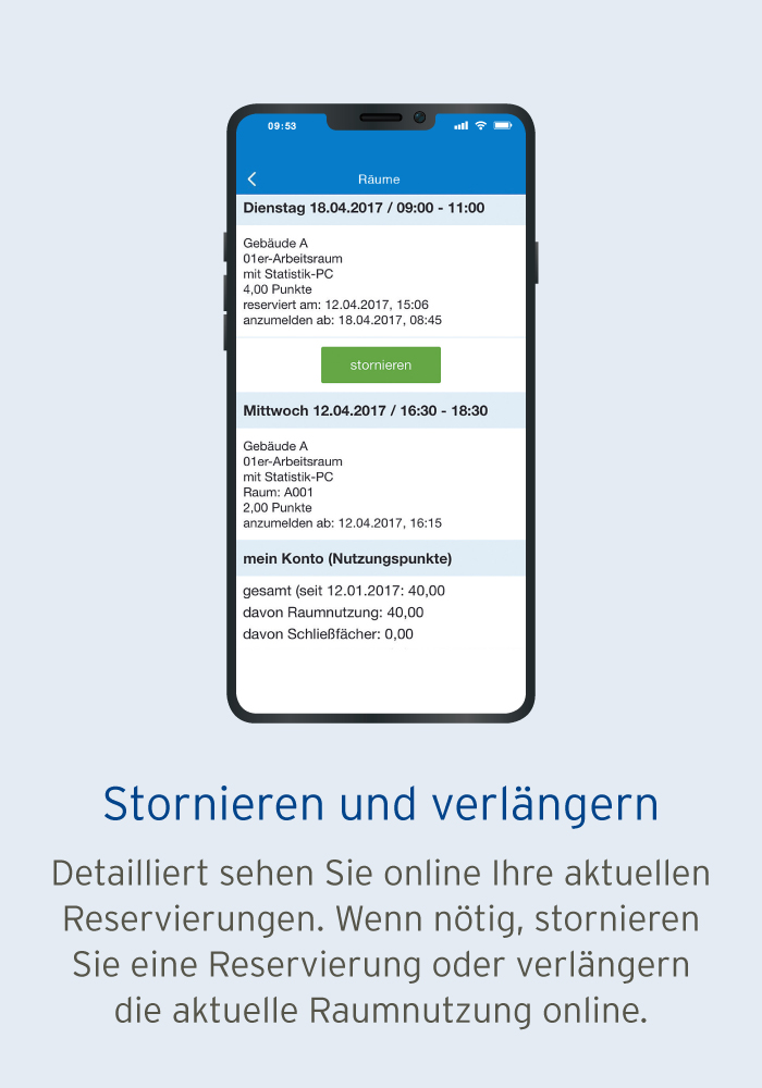 Mobile App Raumvergabesystem - Funktion Stornieren und verlängern