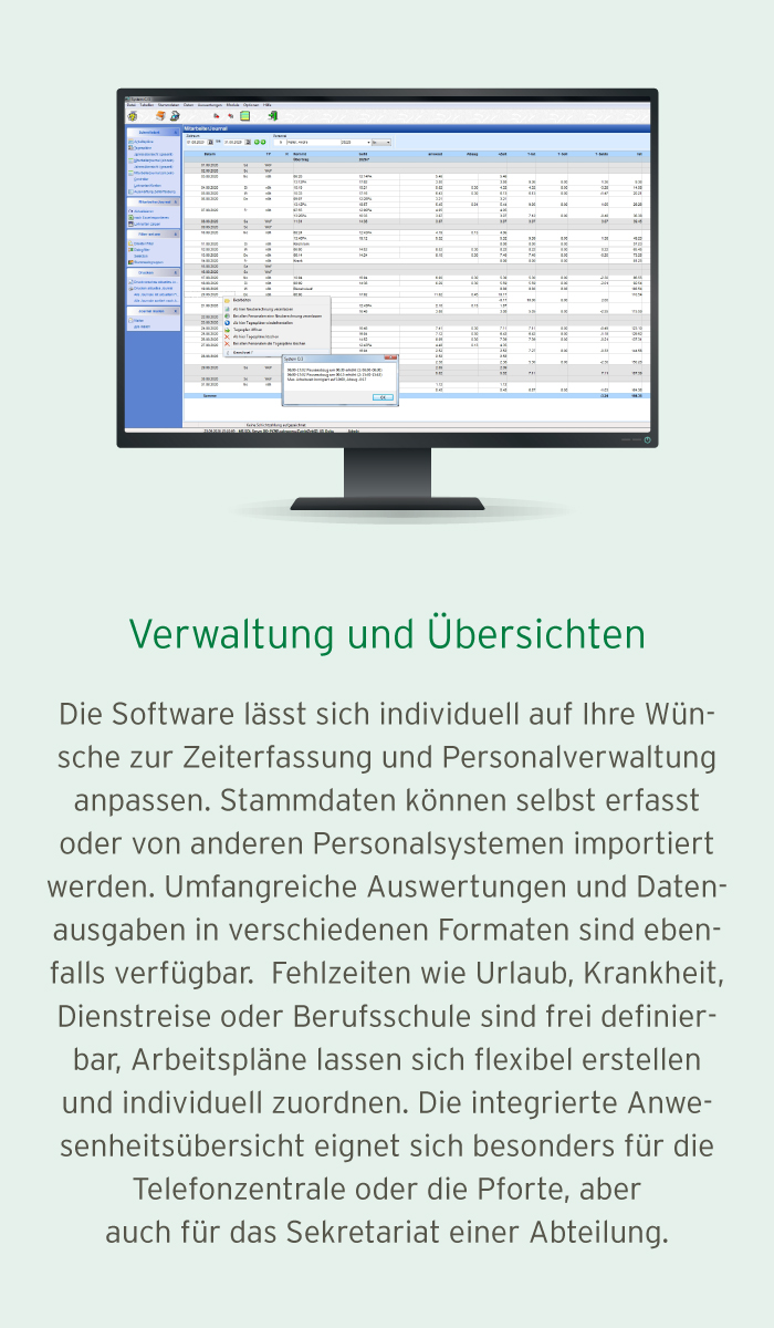 Beispielbild für Verwaltung und Übersichten der Zeiterfassungssoftware