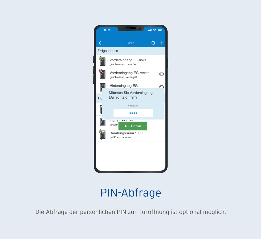 Mobile App Zutrittskontrolle - Funktion PIN-Abfrage