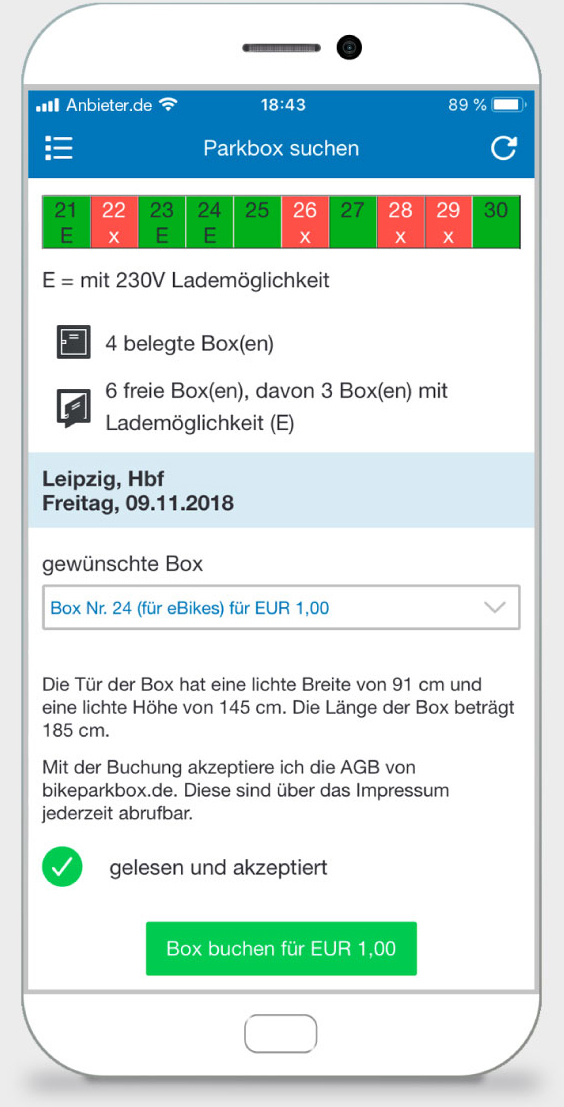 Smartphone App von BikeParkBox im Modus Buchen einer Fahrradboxrradbox