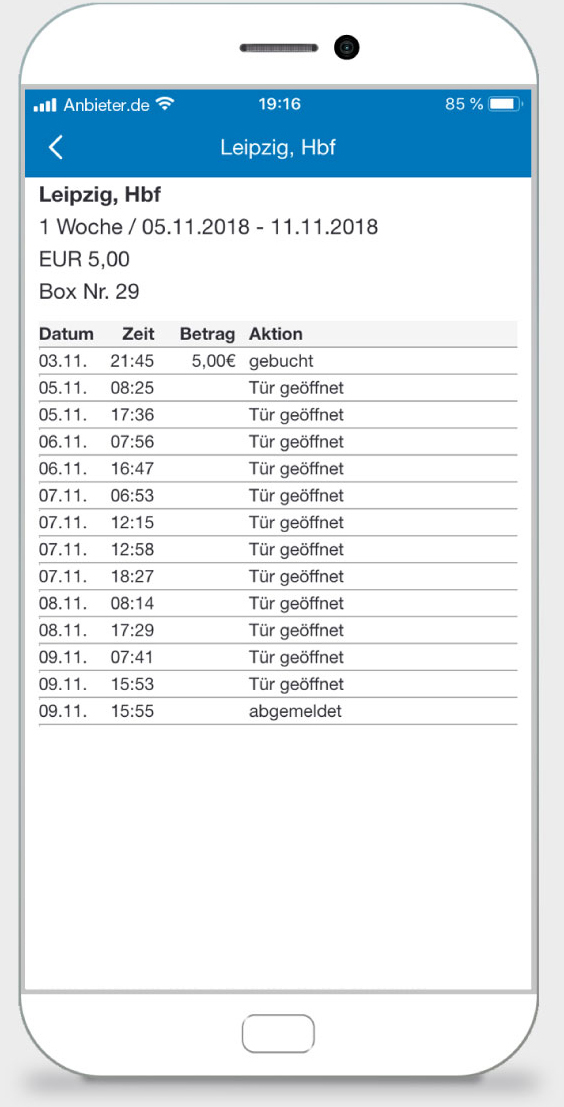 Smartphone App von BikeParkBox mit Abbildung der Historie der Nutzung einer Fahrradbox