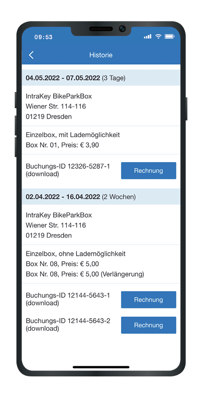 Fahrradbox Buchungshistorie in Smartphone App